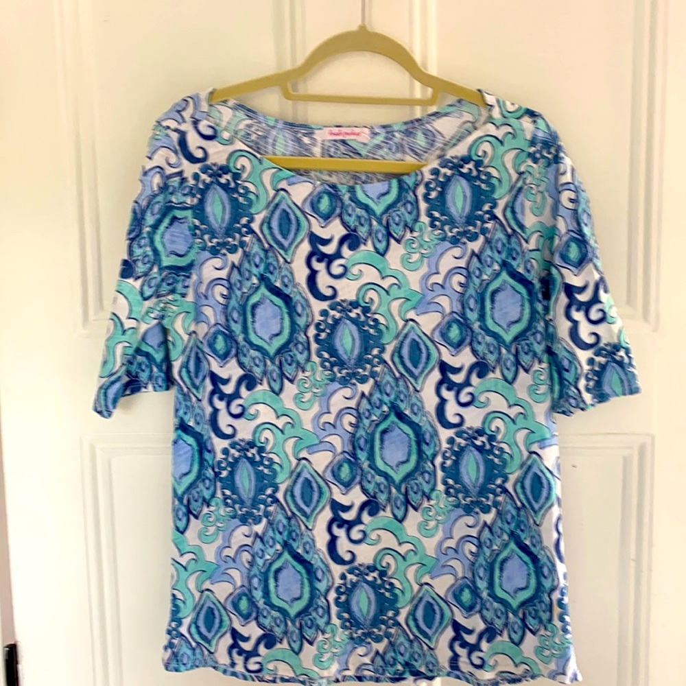 Fresh Produce boat neck Ikat print top size L